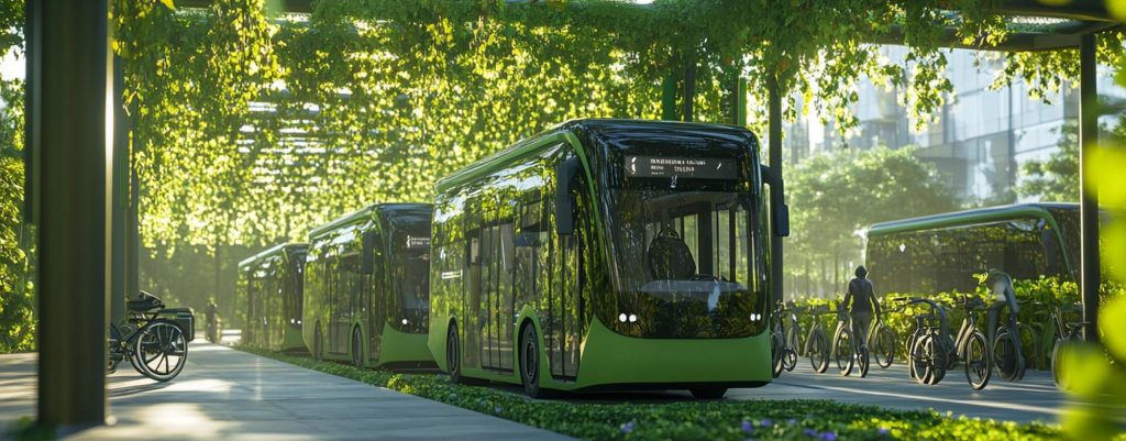 Modern green electric buses driving through a leafy urban area with sustainable transport design.